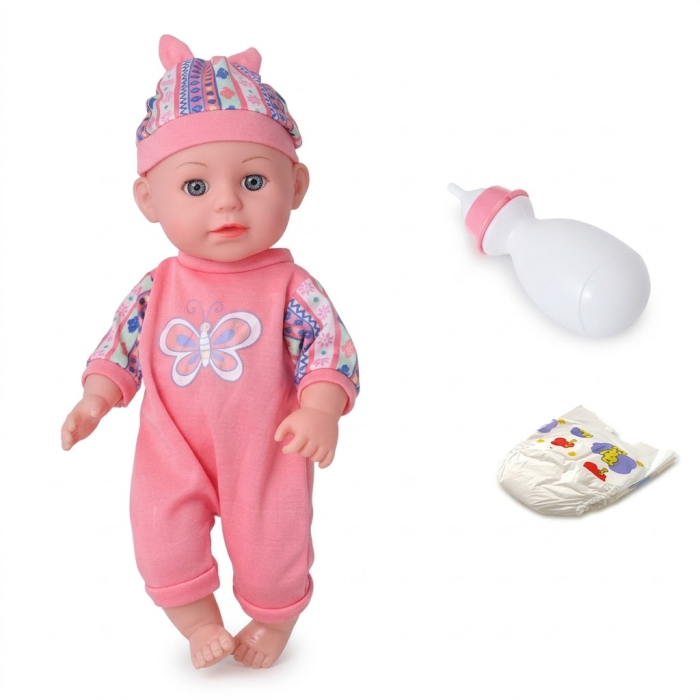 Papusa bebe 32 cm in salopeta roz, cu biberon, scutec, face pipi, articulatii mobile, 3+ [2]