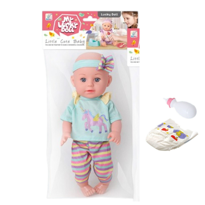 Papusa bebe 32 cm in costumas verde cu dungi, cu biberon, scutec, face pipi, articulatii mobile, 3+ [6]