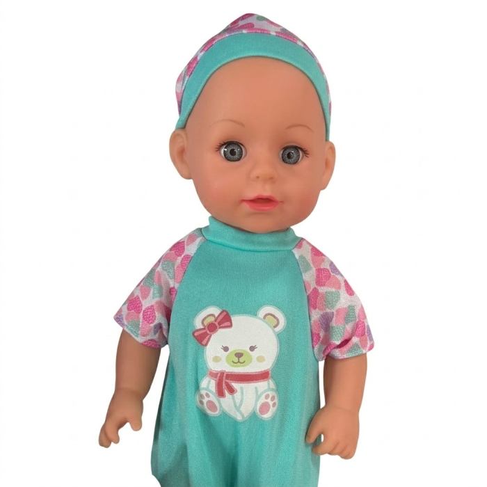 Papusa bebe 32 cm in salopeta verde, cu biberon, scutec, face pipi, articulatii mobile, 3+ [4]