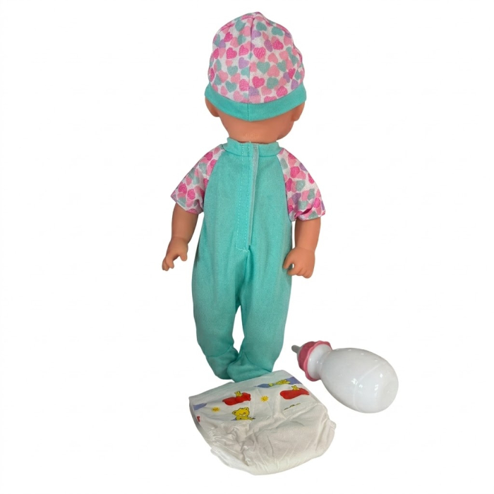Papusa bebe 32 cm in salopeta verde, cu biberon, scutec, face pipi, articulatii mobile, 3+ [6]