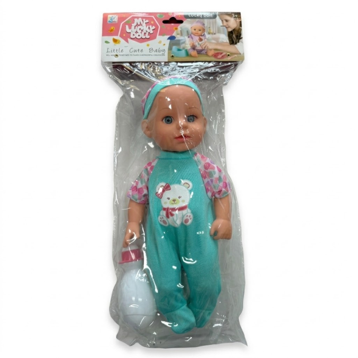 Papusa bebe 32 cm in salopeta verde, cu biberon, scutec, face pipi, articulatii mobile, 3+ [7]