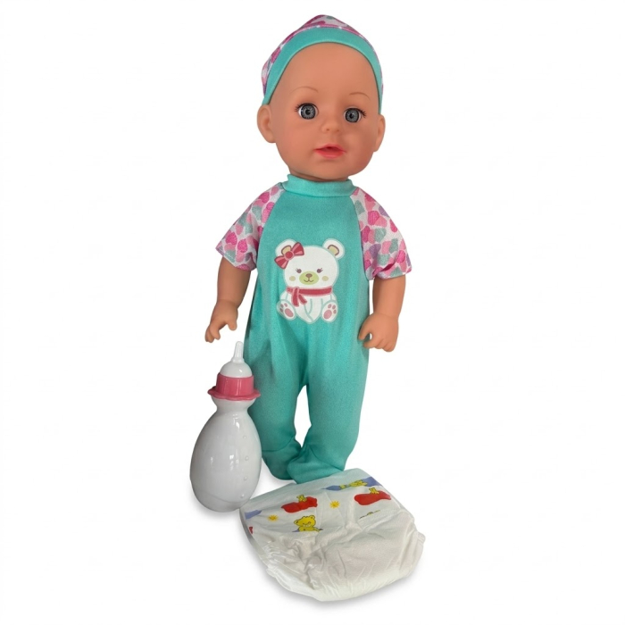Papusa bebe 32 cm in salopeta verde, cu biberon, scutec, face pipi, articulatii mobile, 3+ [2]