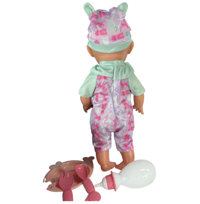 Papusa bebe 32 cm in salopeta multicolor, cu biberon, scutec, face pipi, articulatii mobile, 3+ [5]