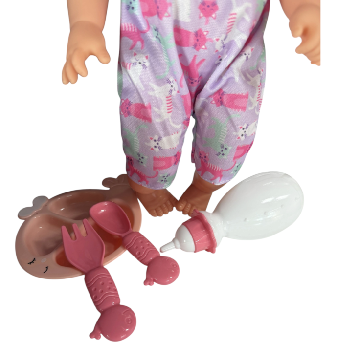 Papusa bebe 32 cm in salopeta multicolor, cu biberon, scutec, face pipi, articulatii mobile, 3+ [3]