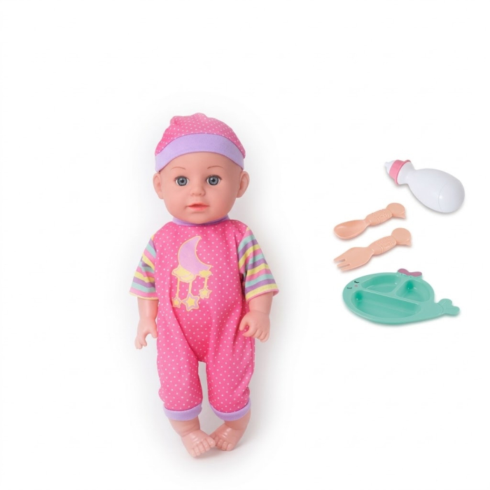 Papusa bebe 32 cm, in salopeta roz, cu biberon, scutec, face pipi, articulatii mobile, 3+ [3]