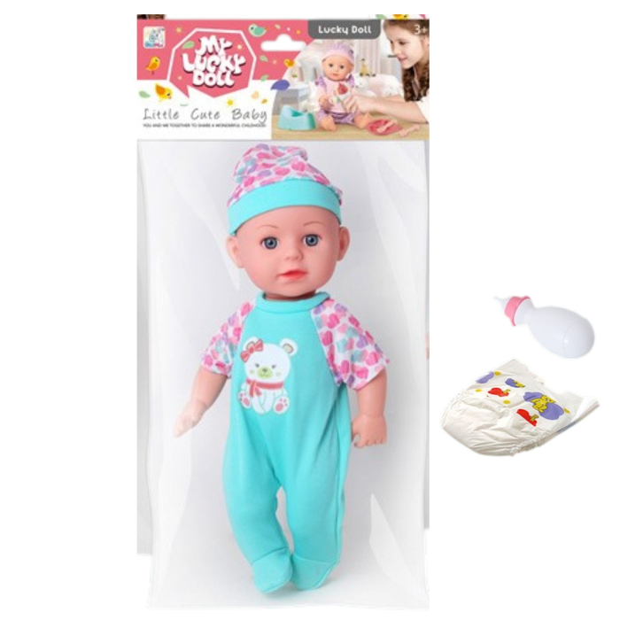 Papusa bebe 32 cm in salopeta verde, cu biberon, scutec, face pipi, articulatii mobile, 3+ [3]