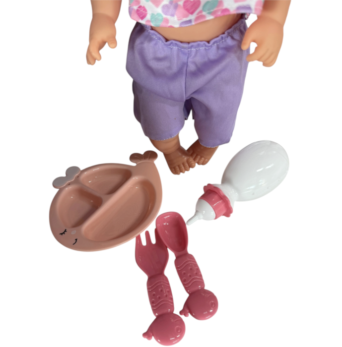 Papusa bebe 32 cm in costum multicolor, cu biberon, scutec, face pipi, articulatii mobile, 3+ [5]