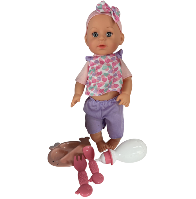 Papusa bebe 32 cm in costum multicolor, cu biberon, scutec, face pipi, articulatii mobile, 3+ [3]