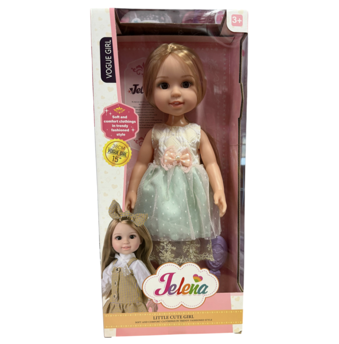 Papusa Jelena 38 cm cu rochie superba vernil si perie de par, cutie cadou, 3+ [3]