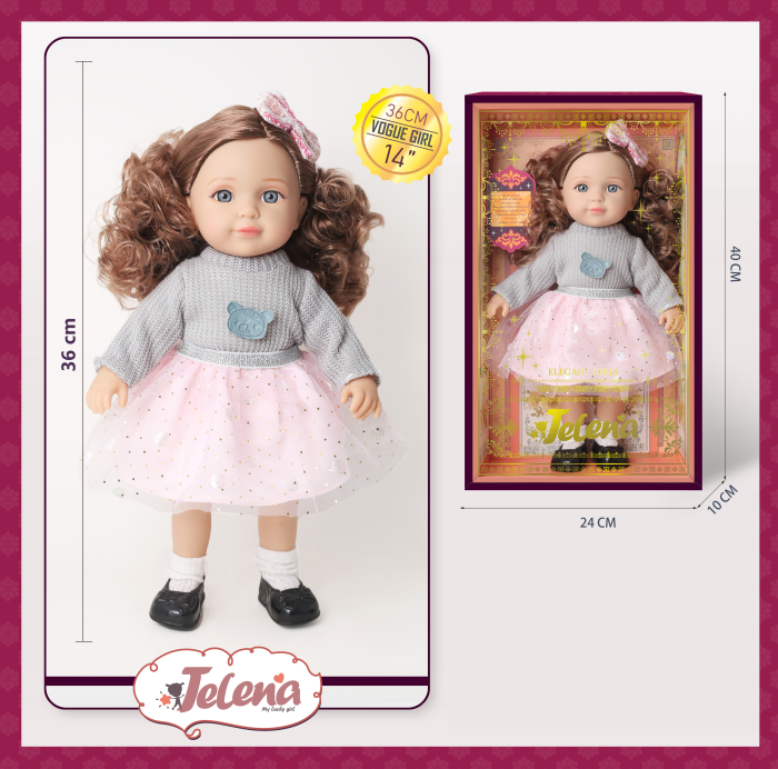 Papusa soft Jelena 36 cm gri-roz, ochi 3D, corp bumbac, cutie cadou, 3+ [4]