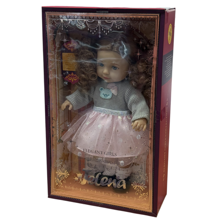 Papusa soft Jelena 36 cm gri-roz, ochi 3D, corp bumbac, cutie cadou, 3+ [3]