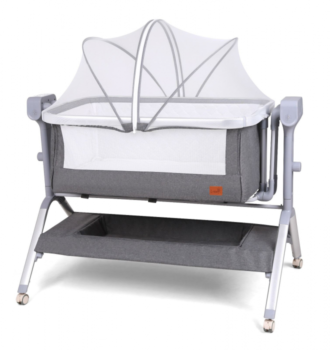 Patut co-sleeper reglabil cu functie de leagan electric, saltea inclusa, cu telecomanda si carusel muzical, A6 gri [2]