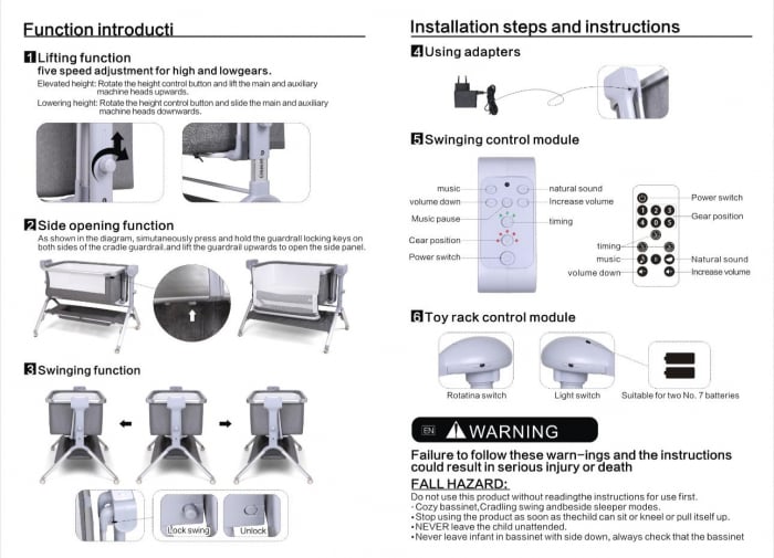 Patut co-sleeper reglabil cu functie de leagan electric, saltea inclusa, cu telecomanda si carusel muzical, A6 crem [11]