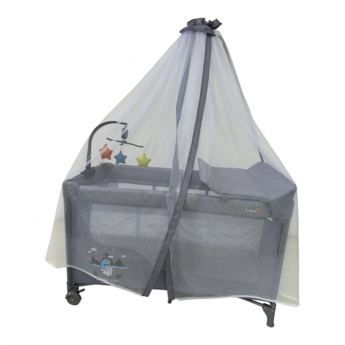 Patut cu saltea de infasat, cu doua nivele, baldachin si carusel P01 gri [2]