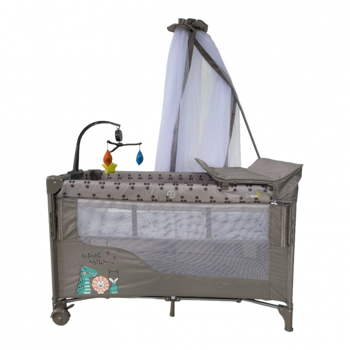 Patut cu saltea de infasat, cu doua nivele, baldachin si carusel P01 crem [2]