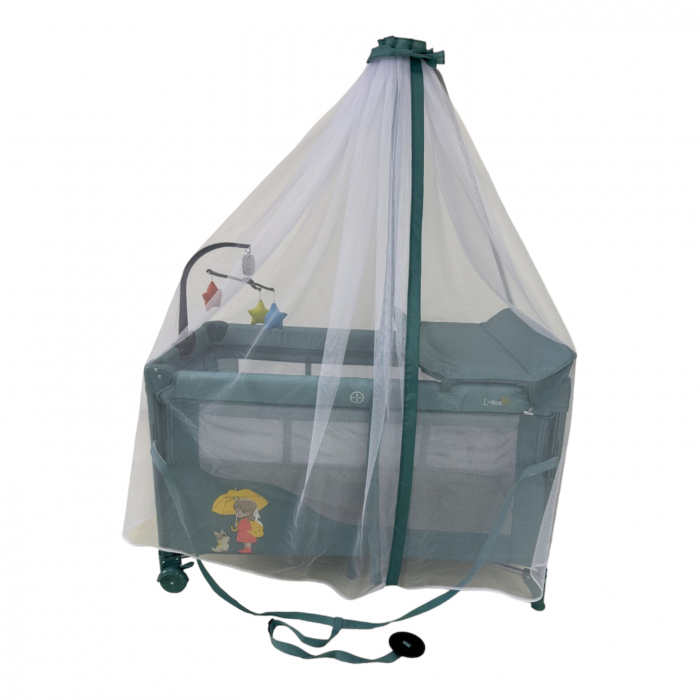 Patut cu saltea de infasat, cu doua nivele, baldachin si carusel P01 verde [2]