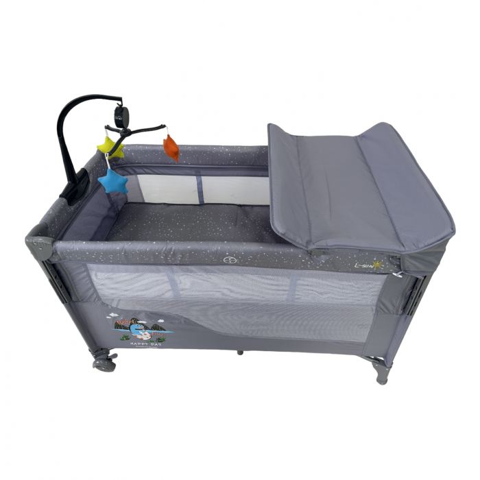 Patut cu saltea de infasat, cu doua nivele, baldachin si carusel P01 gri [5]