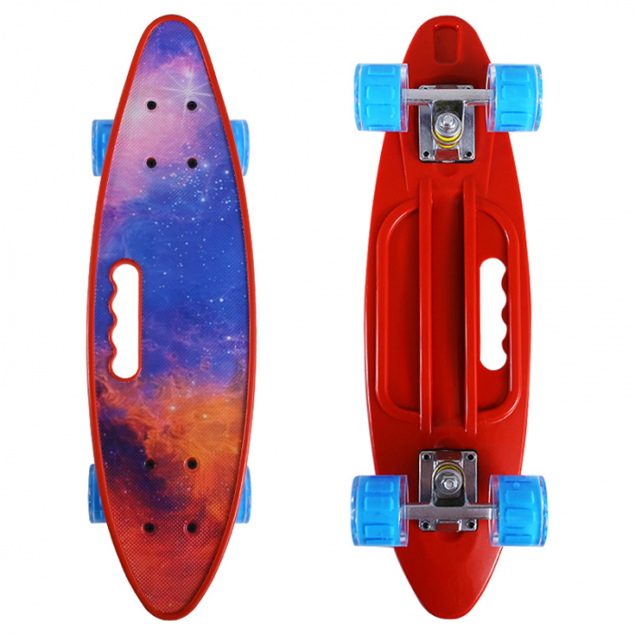 PennyBoard cu maner si lumini in roti, Cosmos Red