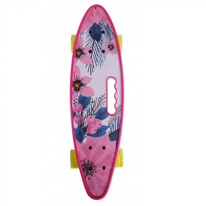 PennyBoard cu maner si lumini in roti, Flori Roz [2]