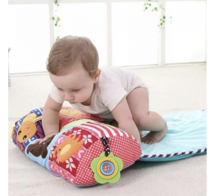 Jucarie interactiva perna cu paturica, cu jucarii senzoriale, pentru bebelusi [4]