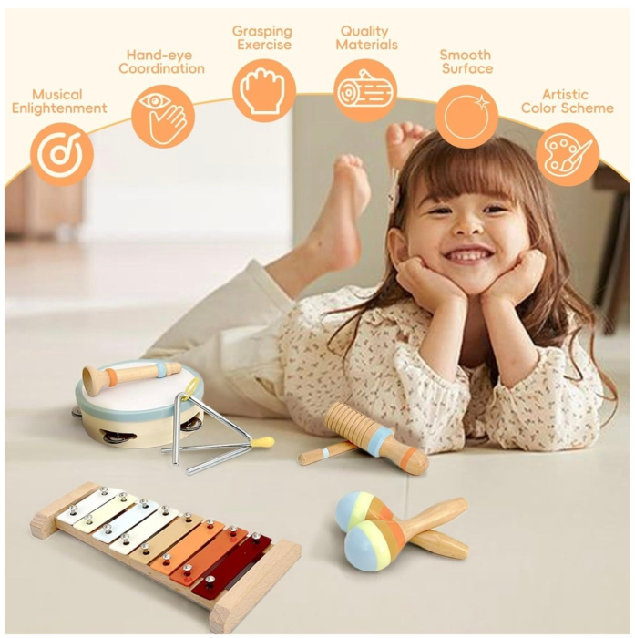 Set Montessori de 7 instrumente muzicale pentru copii, din lemn [4]