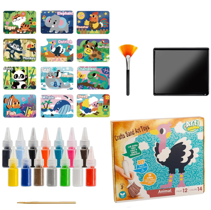 Set Creatie Pictura cu Nisip Colorat ,   12 Planse cu Animale si 14 Culori
