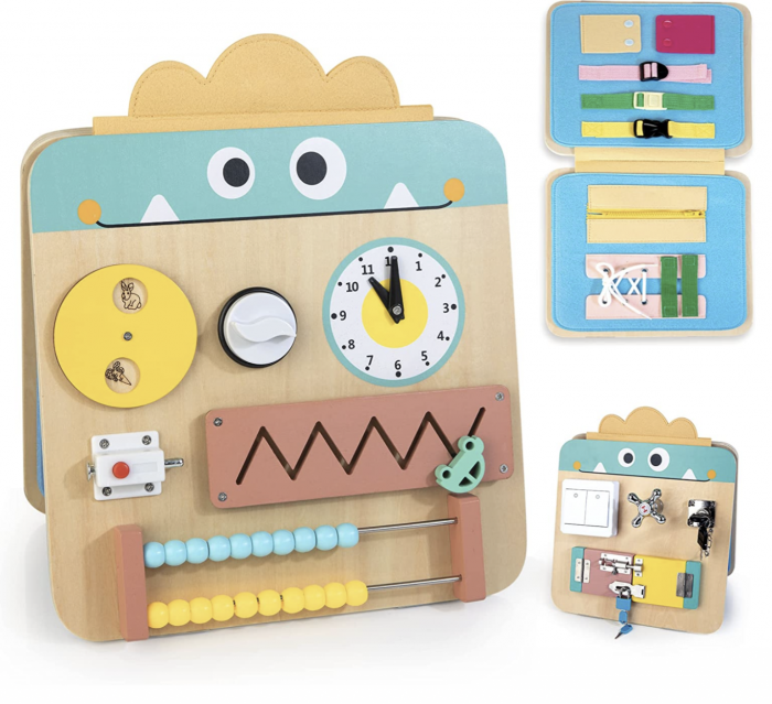 Placa activitati Montessori Busy Board pliabila si reversibila 17 activitati, din lemn [9]