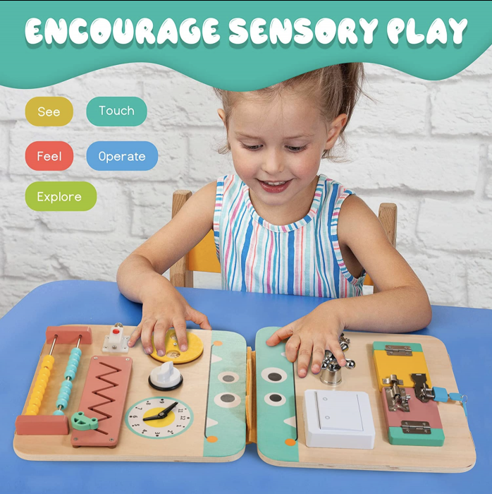 Placa activitati Montessori Busy Board pliabila si reversibila 17 activitati, din lemn [2]