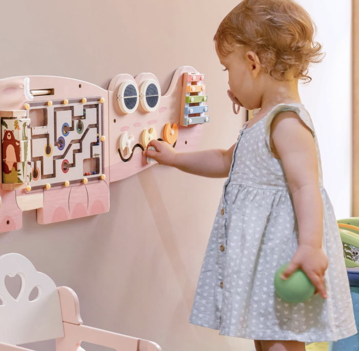 Placa Montessori Busy Board 10 activitati Dinozaur, din lemn, roz [4]