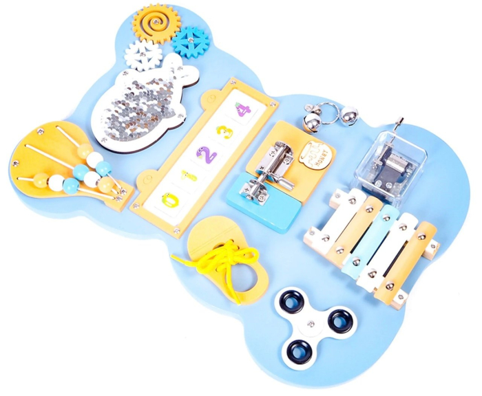 Placa Montessori Busy Board 10 activitati Ursuletul bleu, din lemn [6]
