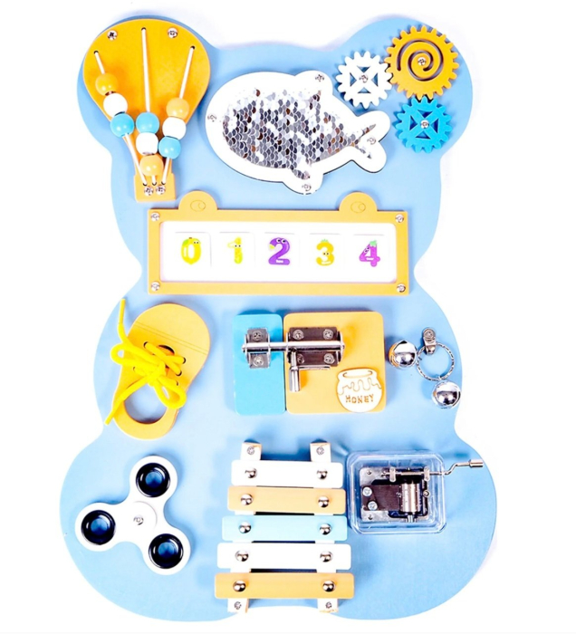 Placa Montessori Busy Board 10 activitati Ursuletul bleu, din lemn