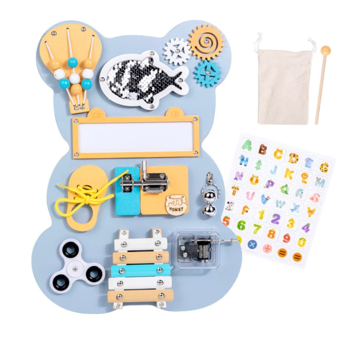 Placa Montessori Busy Board 10 activitati Ursuletul bleu, din lemn