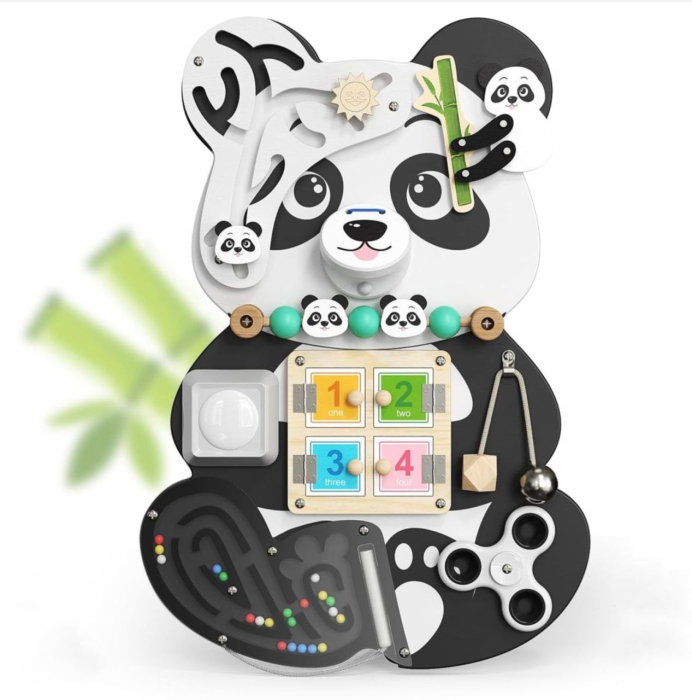Placa Montessori Busy Board 10 activitati Ursuletul Panda, din lemn