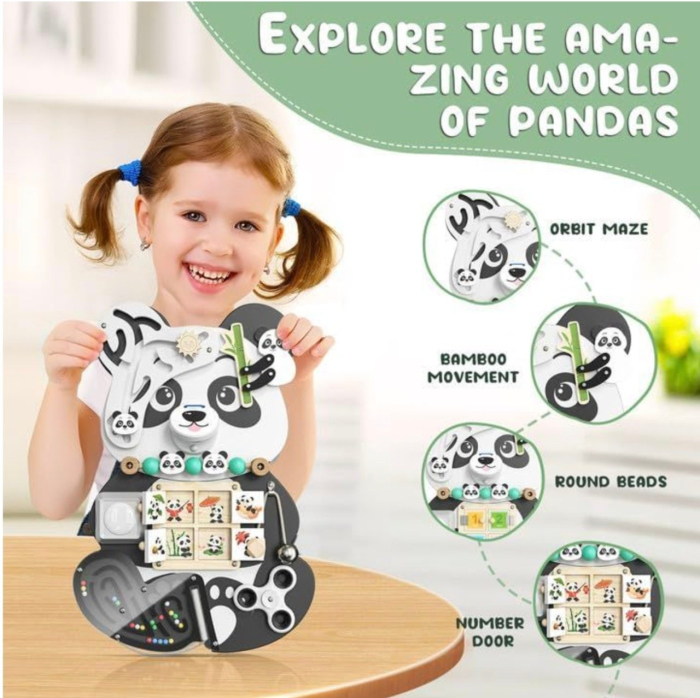 Placa Montessori Busy Board 10 activitati Ursuletul Panda, din lemn [5]