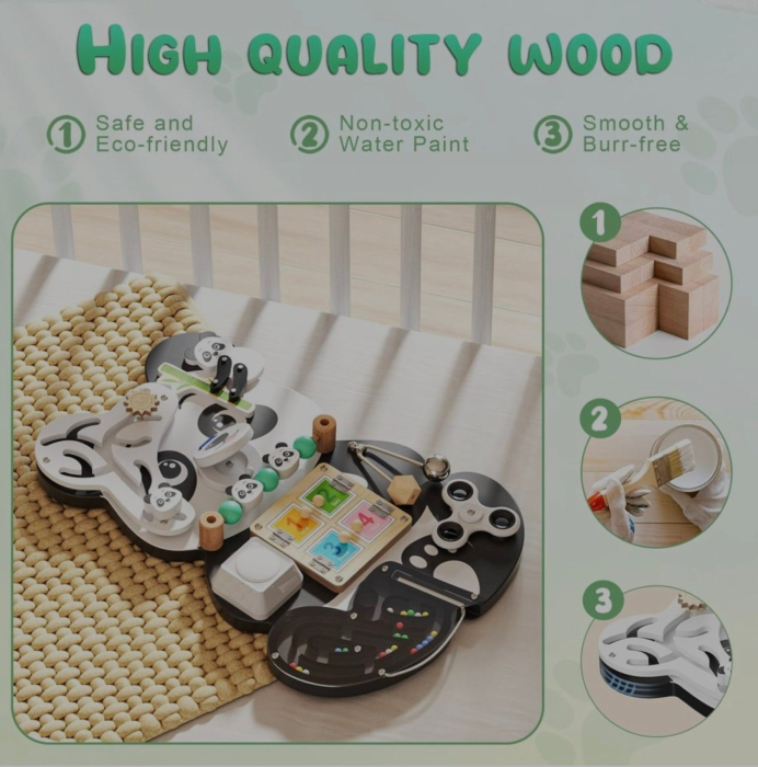 Placa Montessori Busy Board 10 activitati Ursuletul Panda, din lemn [8]