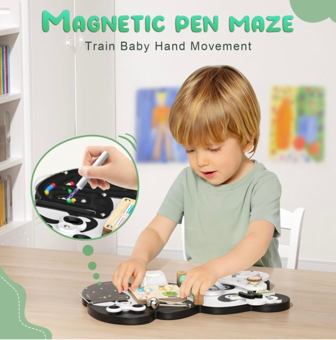 Placa Montessori Busy Board 10 activitati Ursuletul Panda, din lemn [7]