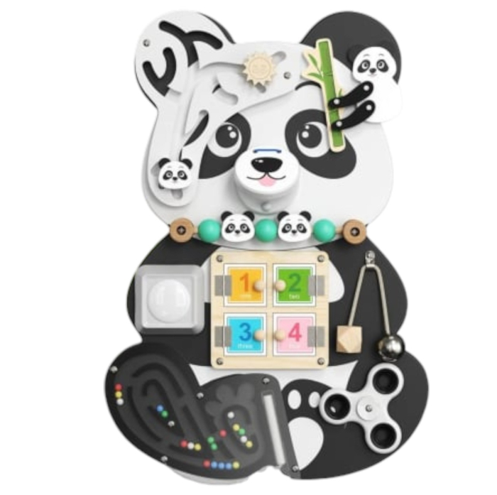 Placa Montessori Busy Board 10 activitati Ursuletul Panda, din lemn