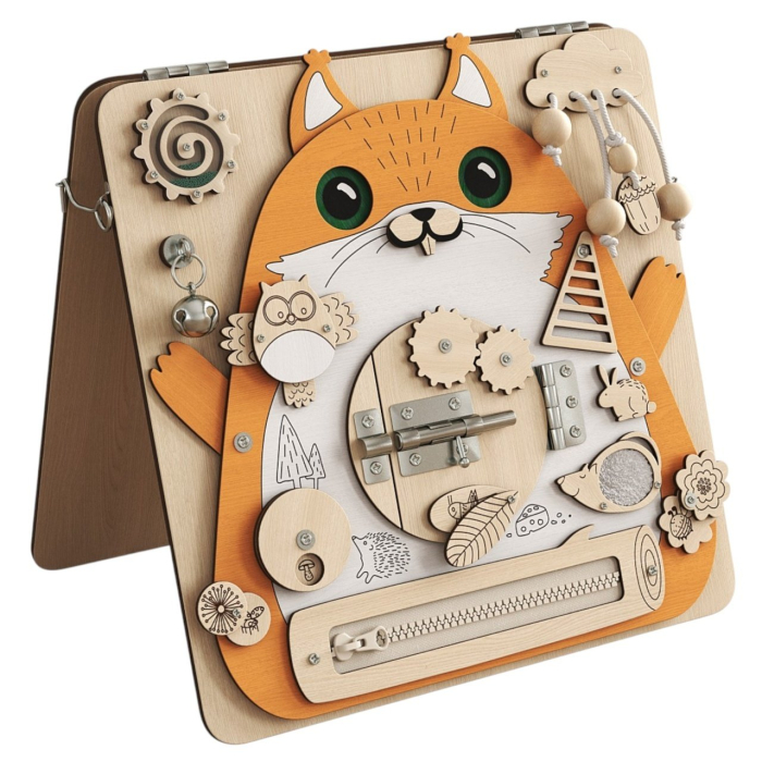 Placa Montessori Busy Board 17 activitati Veverita, din lemn