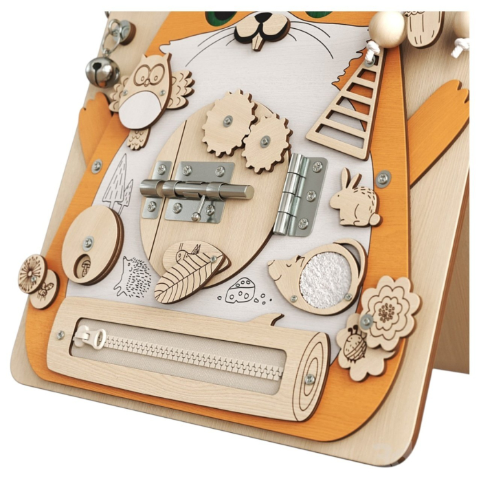 Placa Montessori Busy Board 17 activitati Veverita, din lemn [5]