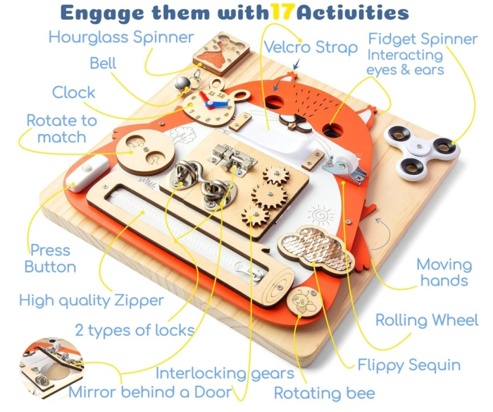 Placa Montessori Busy Board 17 activitati Veverita, din lemn [10]