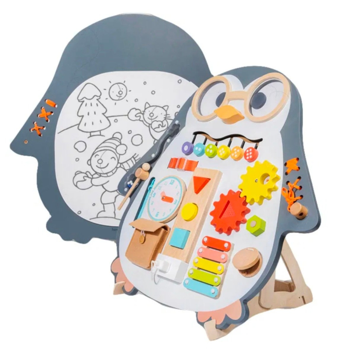 Placa Montessori Busy Board Pinguin, din lemn