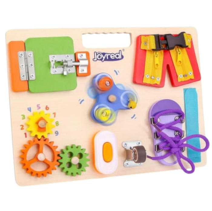 Placa Montessori Busy Board cu 11 activitati Pants, din lemn