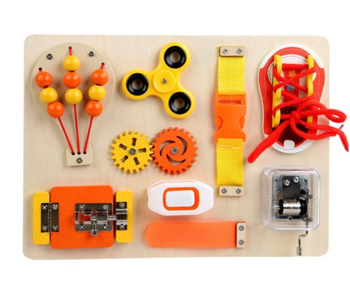Placa Montessori Busy Board cu 9 activitati Shoe, din lemn