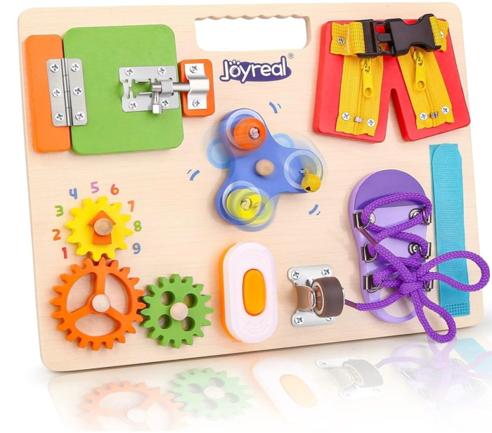 Placa Montessori Busy Board cu 11 activitati Pants, din lemn