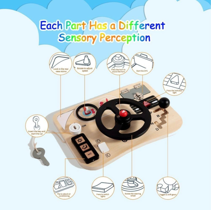 Jucarie Montessori Busy Board 10 in 1, cu Volan negru, din lemn [5]