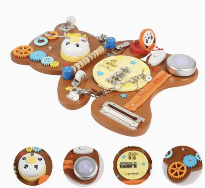 Placa Montessori Busy Board Ursulet maro, din lemn [4]