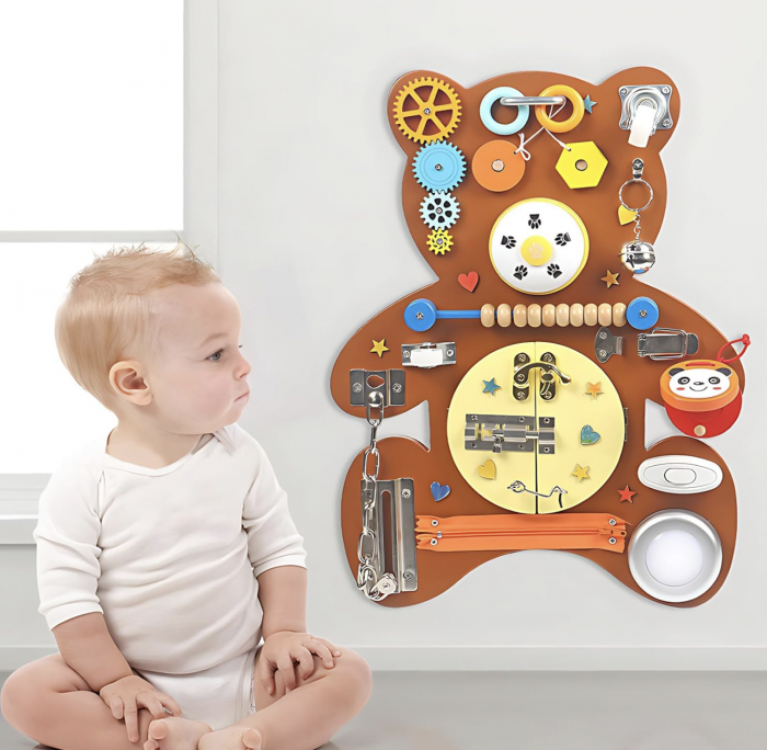 Placa Montessori Busy Board Ursulet maro, din lemn [8]