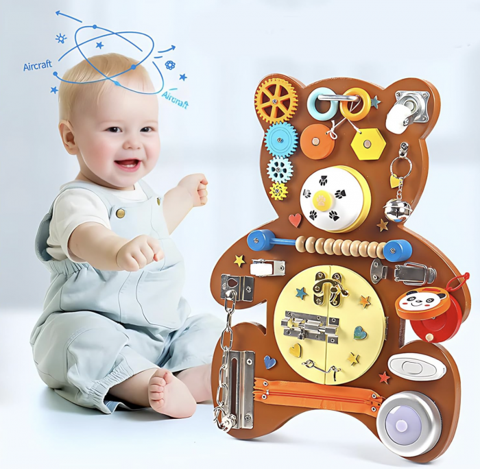 Placa Montessori Busy Board Ursulet maro, din lemn [7]