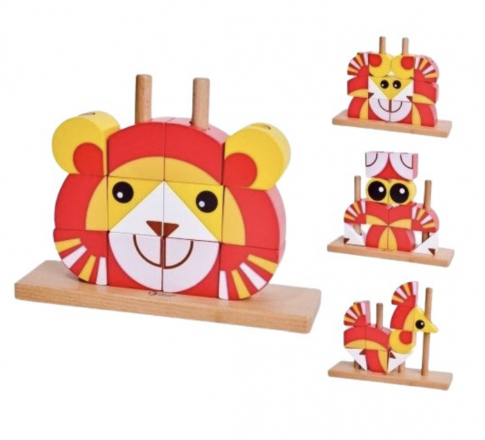 Puzzle 3D din 12 cuburi colorate, pe tije, Leul rosu cu galben [2]