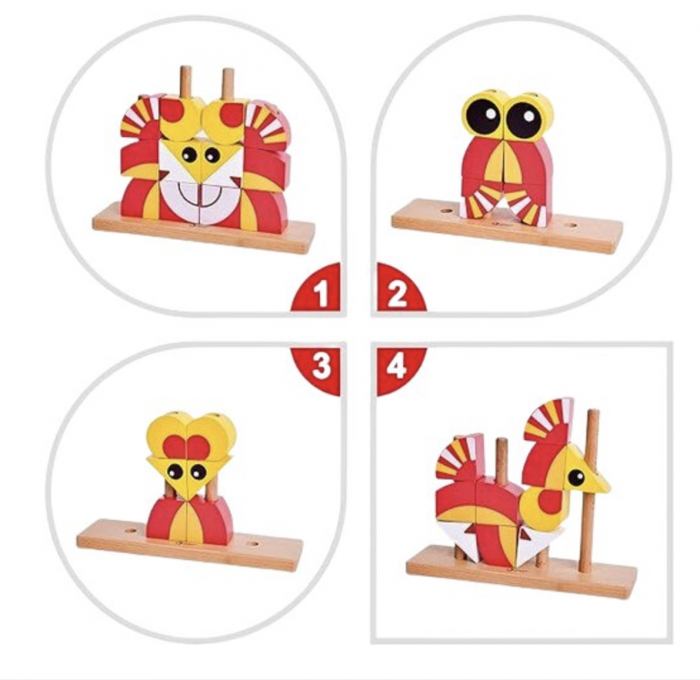 Puzzle 3D din 12 cuburi colorate, pe tije, Leul rosu cu galben [3]